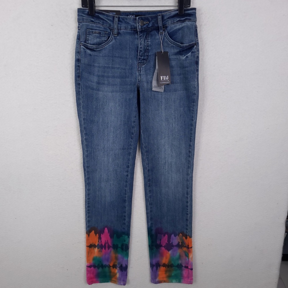 FDJ French Dressing Jeans Olivia Slim Leg Womens 10 Blue Tie Dye Hem Mid Rise